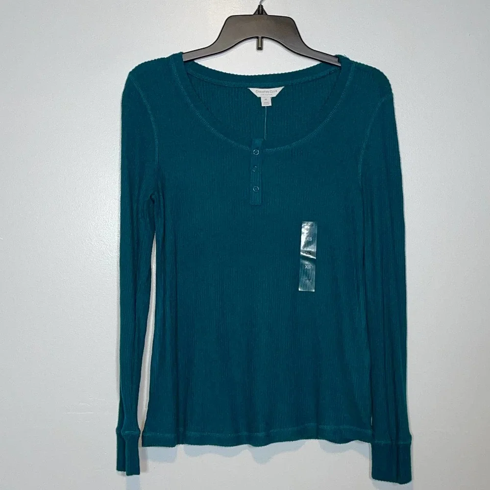 CHARTER CLUB Ribbed Henley Pajama Top teal evergreen, XS - Picture 2 of 12